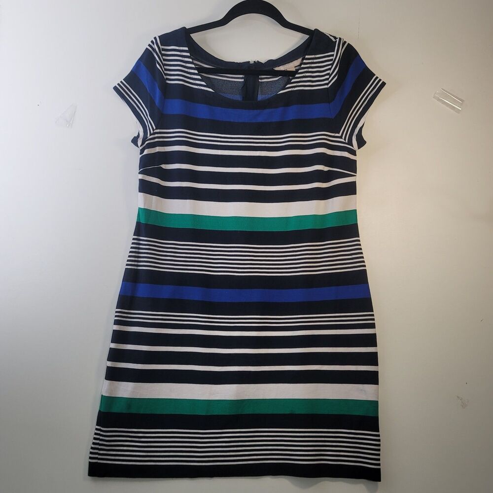 Banana Republic Dress Sz 12 Blue Green Striped Sheath Stretch Career Zip Back